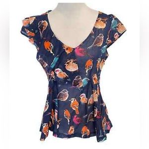 Anthropologie Meadow Rue Bird Kingdom V-Neck Navy Blue Blouse